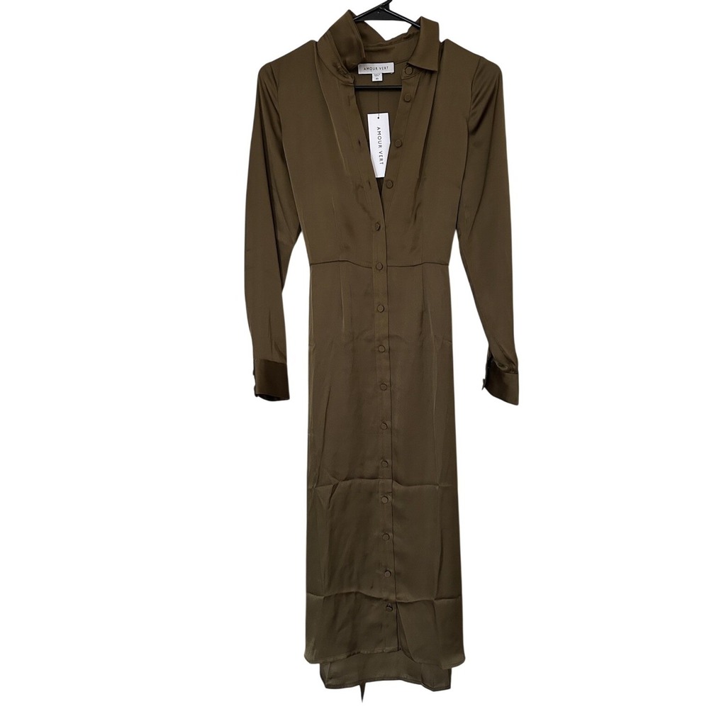 Amour Vert Joyce Midi Shirt Dress Bronzed Olive Green Recycled Satin NWT XS